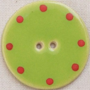Circle ceramic button, lime green/red spots