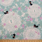 Lacey Cats cotton fabric in teal, from Kokka